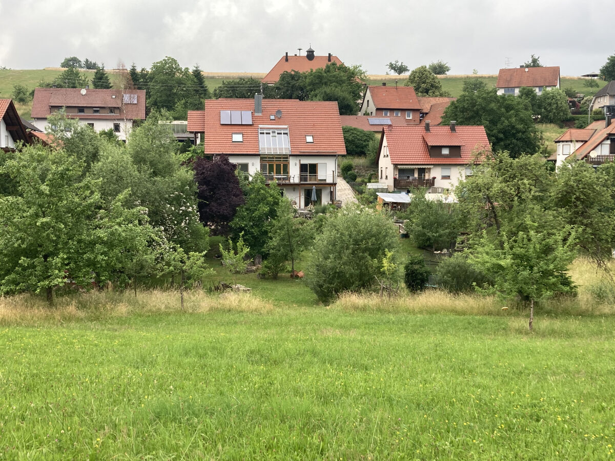 Blick auf das Haus (Mitte) und die Terasse