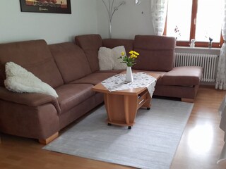 Wohnzimmer mit gemütlicher Polsterecke und Teppich