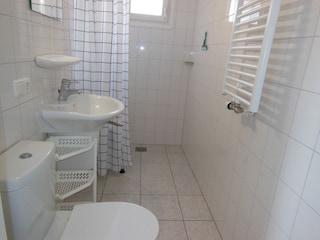 Dusche mit Toilette, Waschbecken und Handtuchheizkörper