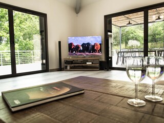 Großes Wohnzimmer und großer Fernseher mit Zugang zur Terrasse