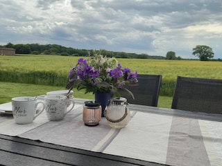 Terrasse mit Blick über unsere Felder