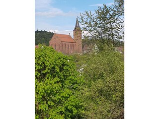 Blick vom Garten auf die Kirche