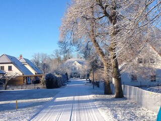 Haus und Dorfstraße im Winter