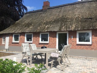 South-facing terrace with garden furniture, cushions and barbecue