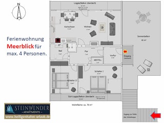 Grundriss 4-Personen Ferienwohnung.
