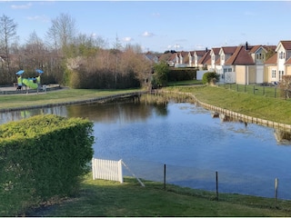 Blick in den Garten und auf den Spielplatz im Hintergru