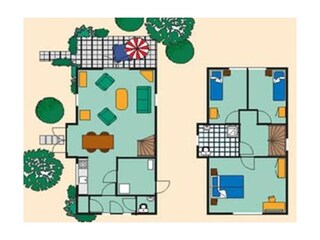 Bauplan: Erdgeschoss (L) und erstes Stockwerk (R)