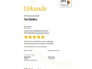 Urkunde 5*-Sterne Ferienwohnung Orchidee