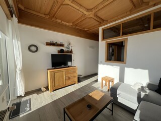 Wohnzimmer mit Schlafcouch und Blick auf den Balkon