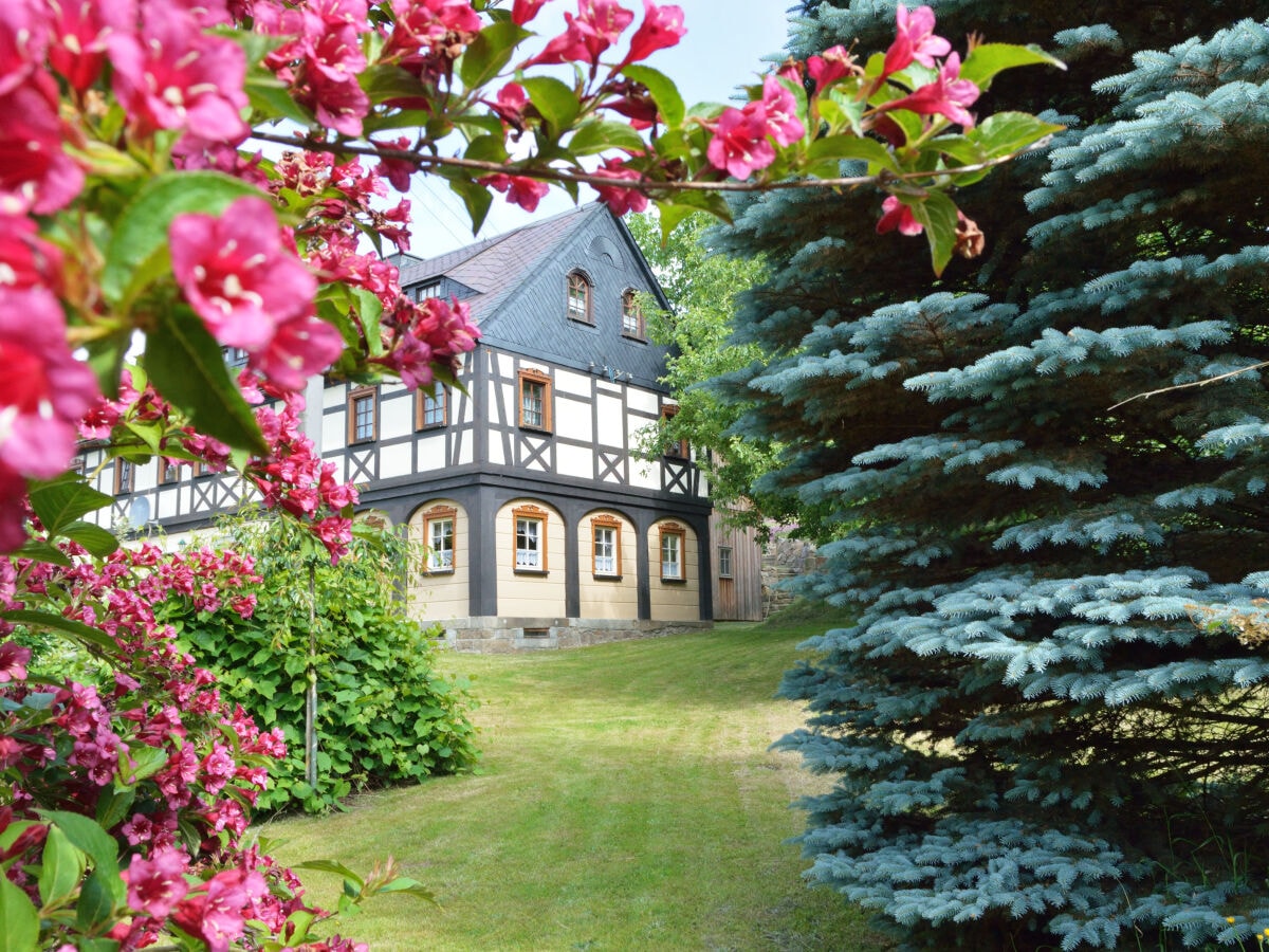 Blick in den Garten auf die Blockstube Morgensonne