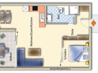 Floor plan of apartment 235 for up to two people