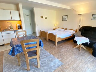 Schlaf- und Wohnbereich mit kleiner Küchenzeile