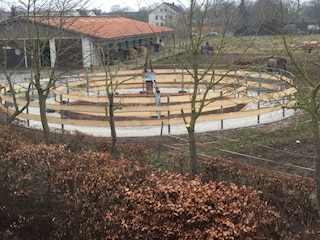 Die neue Führanlage mit dem Pferdestall im Hintergrund