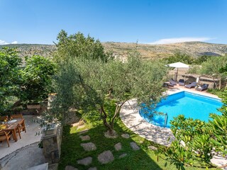 The pool area and outdoor dining area under the figs
