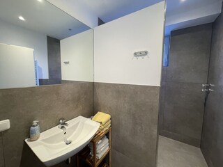 Ansicht Bad mit Dusche und Waschbecken