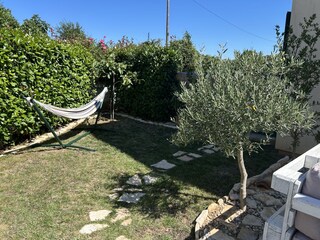 Blick in den grünen Garten mit Hängematte