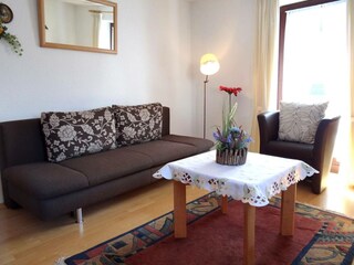 Große Schlafcouch und Zugang zum Balkon