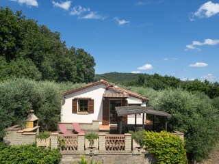 Vor dem Haus mit Terrasse, Essbereich und Grill