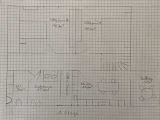 Grundriss 1. Etage, 2 SZ, Küche mit Balkon, Bad, WC