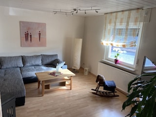 Wohnzimmer mit Kamin und TV