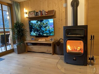 Kaminofen und 55" OLED TV sowie Sonos Audiosystem