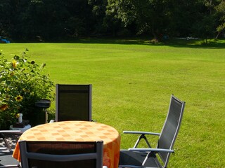 Terrasse mit saftiger grüner Wiese und Wald dahinter