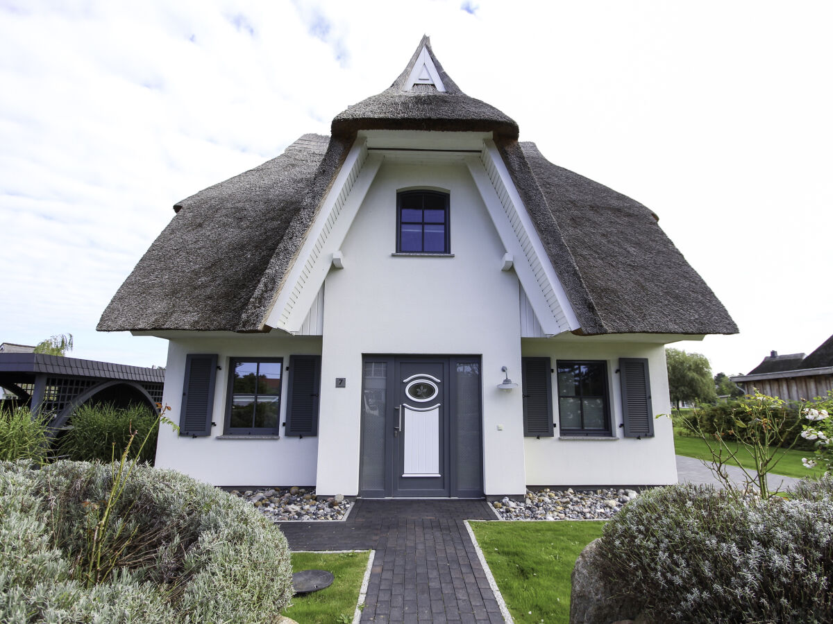 Front view of the house with a thatched roof