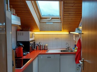 Küche mit Spülmaschine, Backofen und Mikro mit Tür