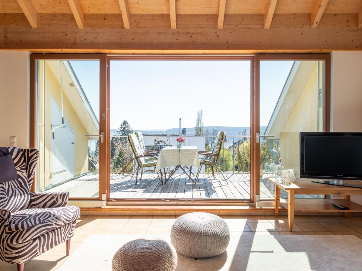 Blick vom Wohnzimmer hinaus auf den Balkon