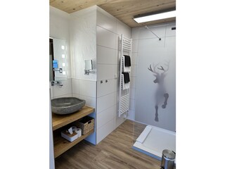 Bathroom with river stone sink