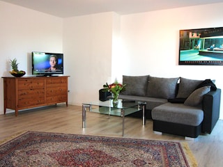 Wohnbereich mit Schlafsofa und Flat TV