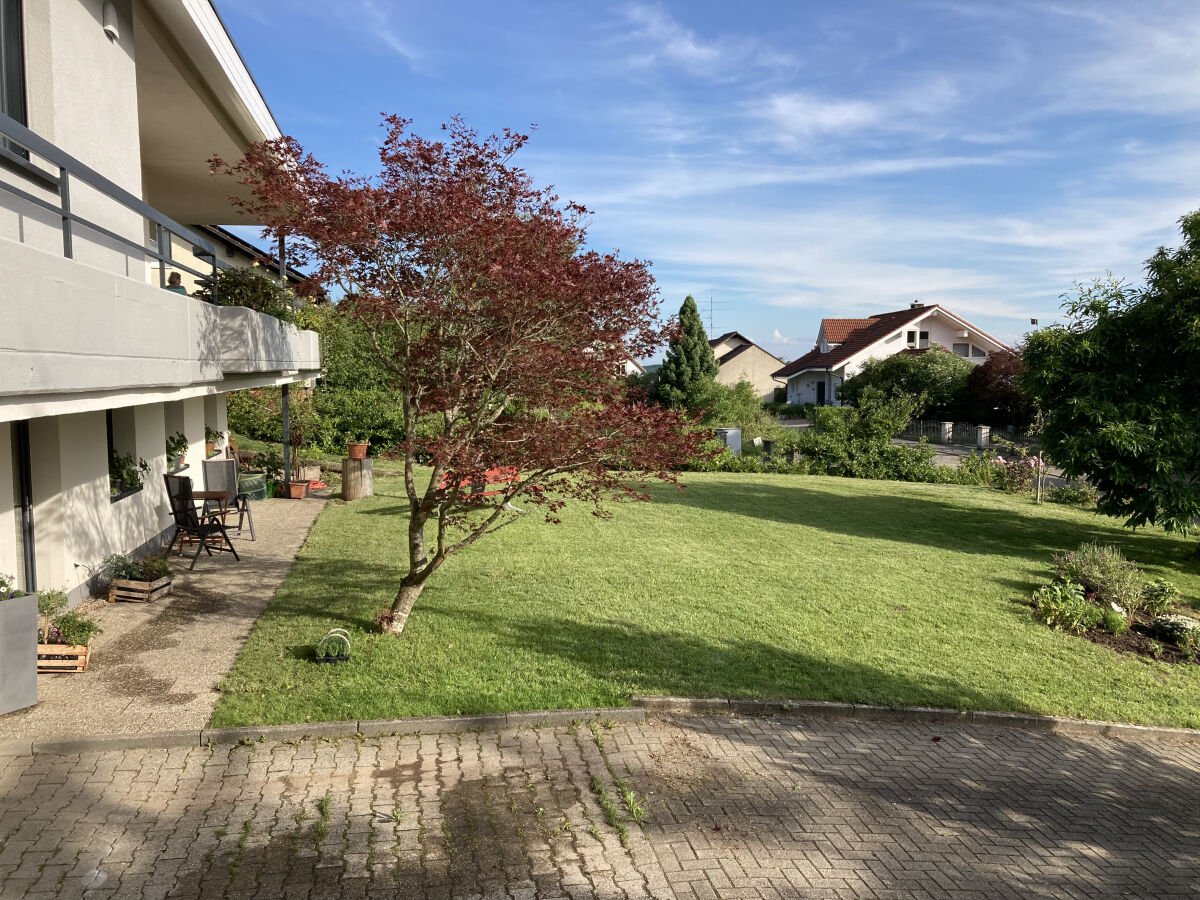 Terrasse und Wiese vor der Ferienwohnung