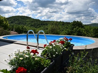 Pool und viele Blumen rund ums Haus