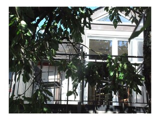Balkon, im Sommer im Schatten eines Kirschbaums