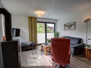 Wohnzimmer mit Kamin mit Tür auf Terrasse