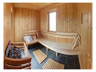 schöne Sauna mit Tür auf Terrasse