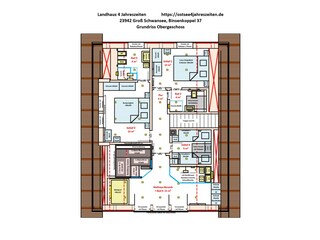 Grundriss OG: 3 Schlafräume, 3 Bäder + Wellness-Bereich