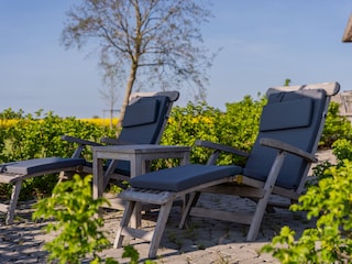 Terrasse mit Wildrosen umgeben