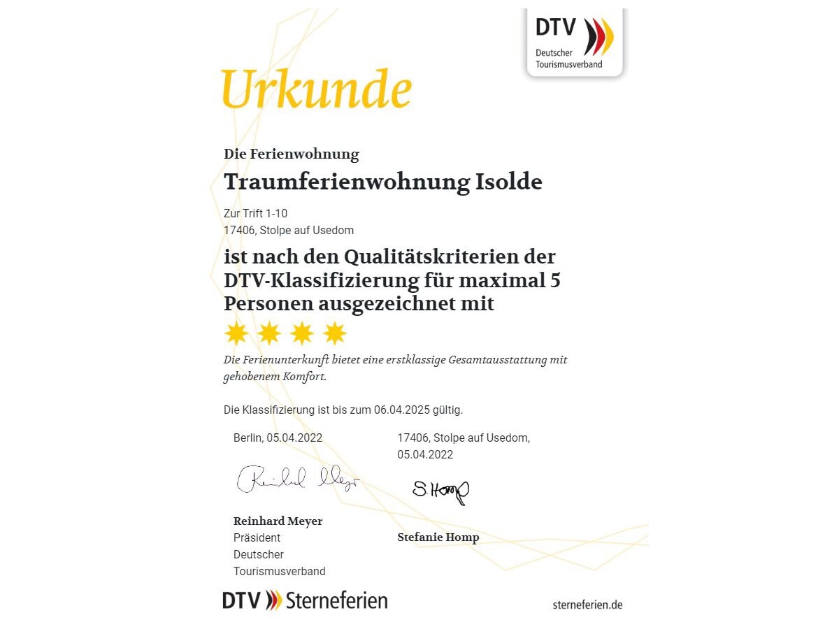 4 Sterne Urkunde Traumferienwohnung Isolde