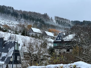 Blick vom Ort zu den Ferienhäusern hoch