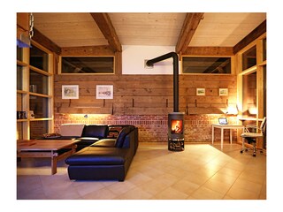 Living room with fire place and small desk