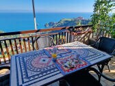 Balcony with dining table and sea view