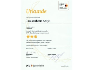 Urkunde DTV 3 Sterne-Haus Antje Oktober 2025