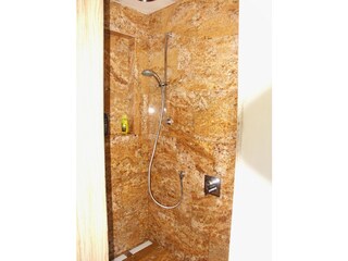 Part of one of the bathrooms, shower