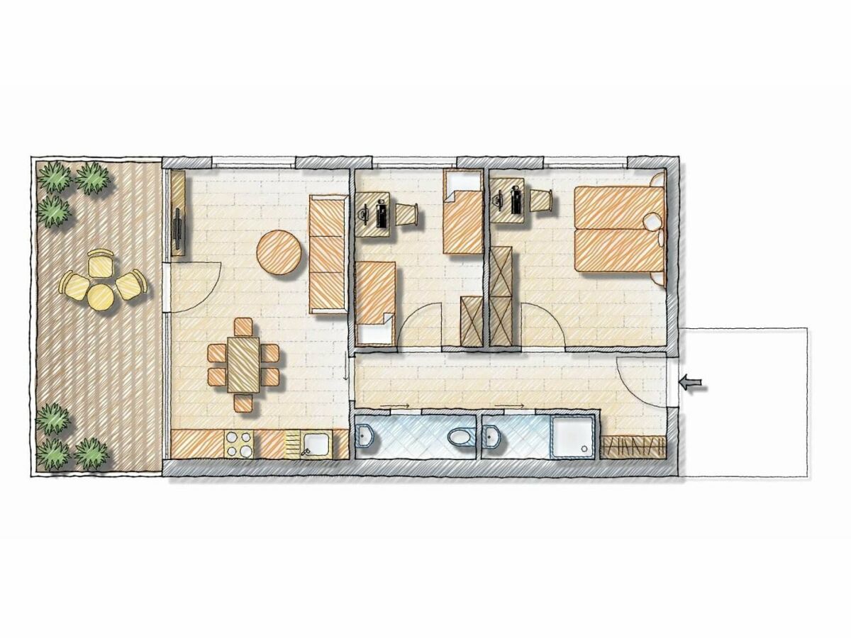 Grundriss Appartement mit 2 Schlafzimmern ohne Sauna