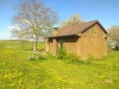 Sonnige Holzhütte auf der grünen Wiese