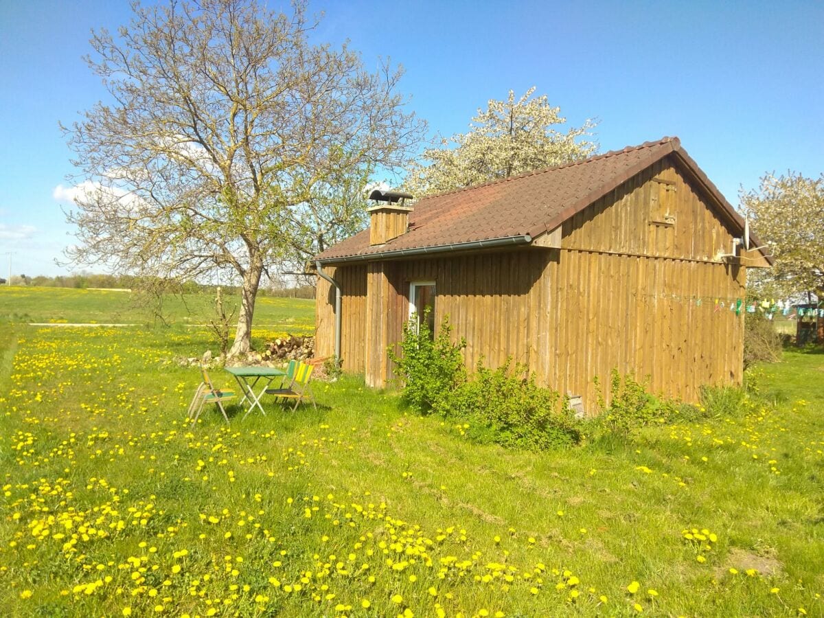 Sunny wooden hut on a green meadow