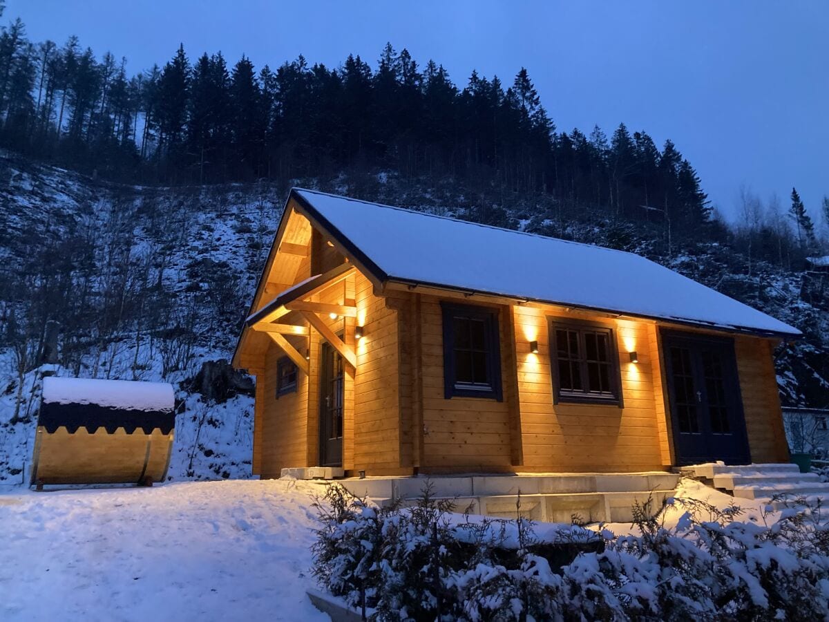 Blockhaus mit Sauna im verschneiten Harz