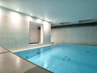 Das Schwimmbad verfügt über eine Gegenstromanlage, seitliche Massagedüsen und eine Mittelfontäne.