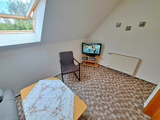 Wohnzimmer im 1. OG mit Couch (Schlaffunktion, Aufbettungsmöglichkeit für 2 weitere Personen), TV